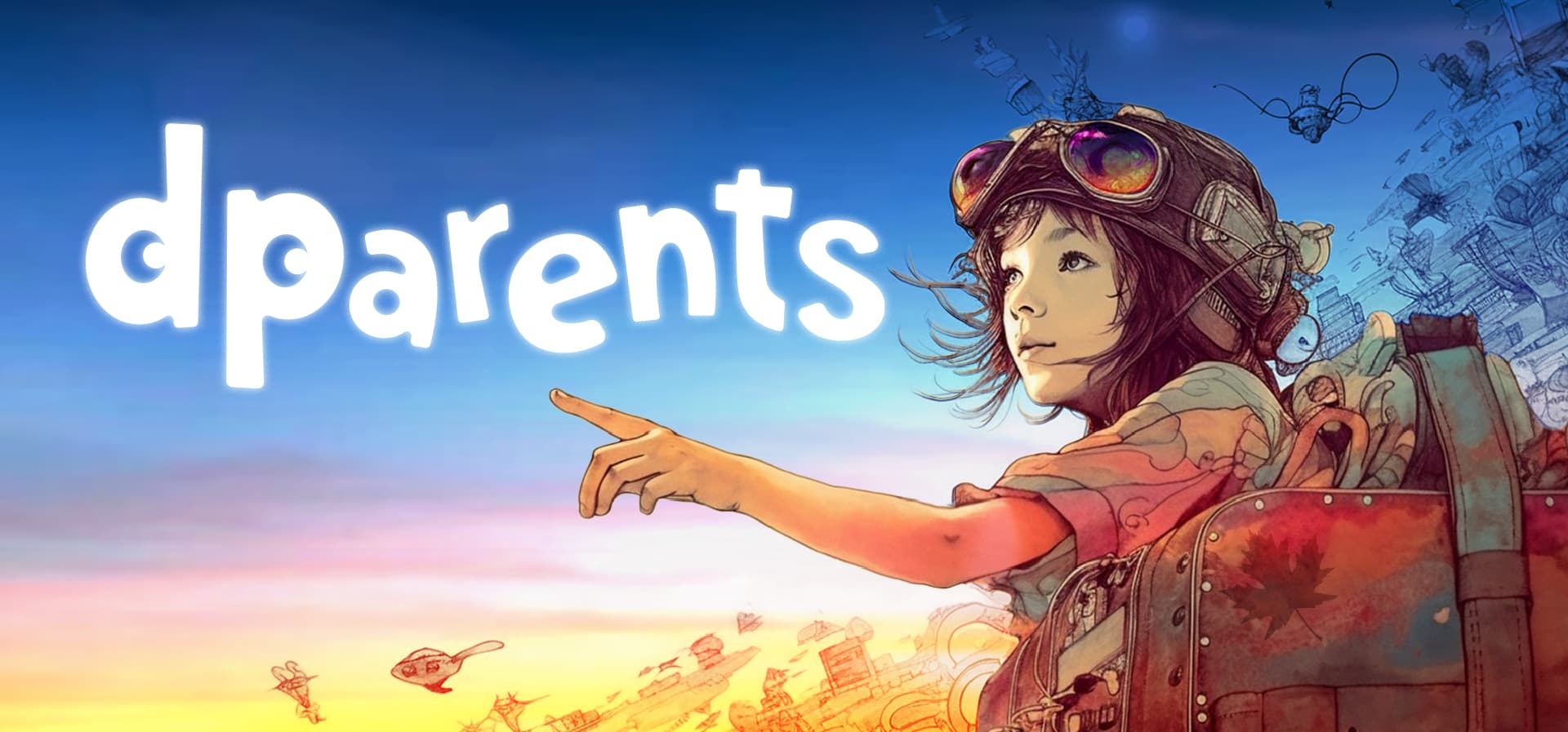Dparents: adventurous young traveler pointing toward the horizon under a painterly sky